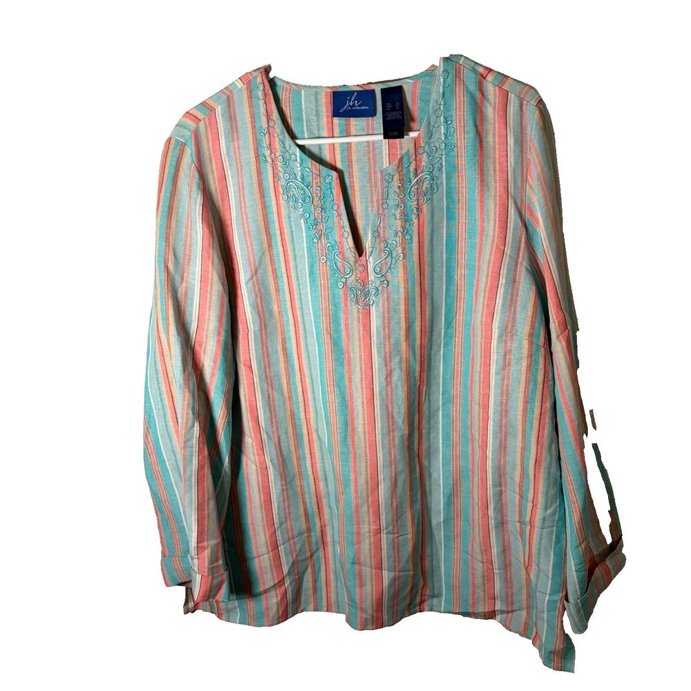 JH Collectibles Blouse Women's XL Striped Long Sleeve V-Neck Pastel Colorful